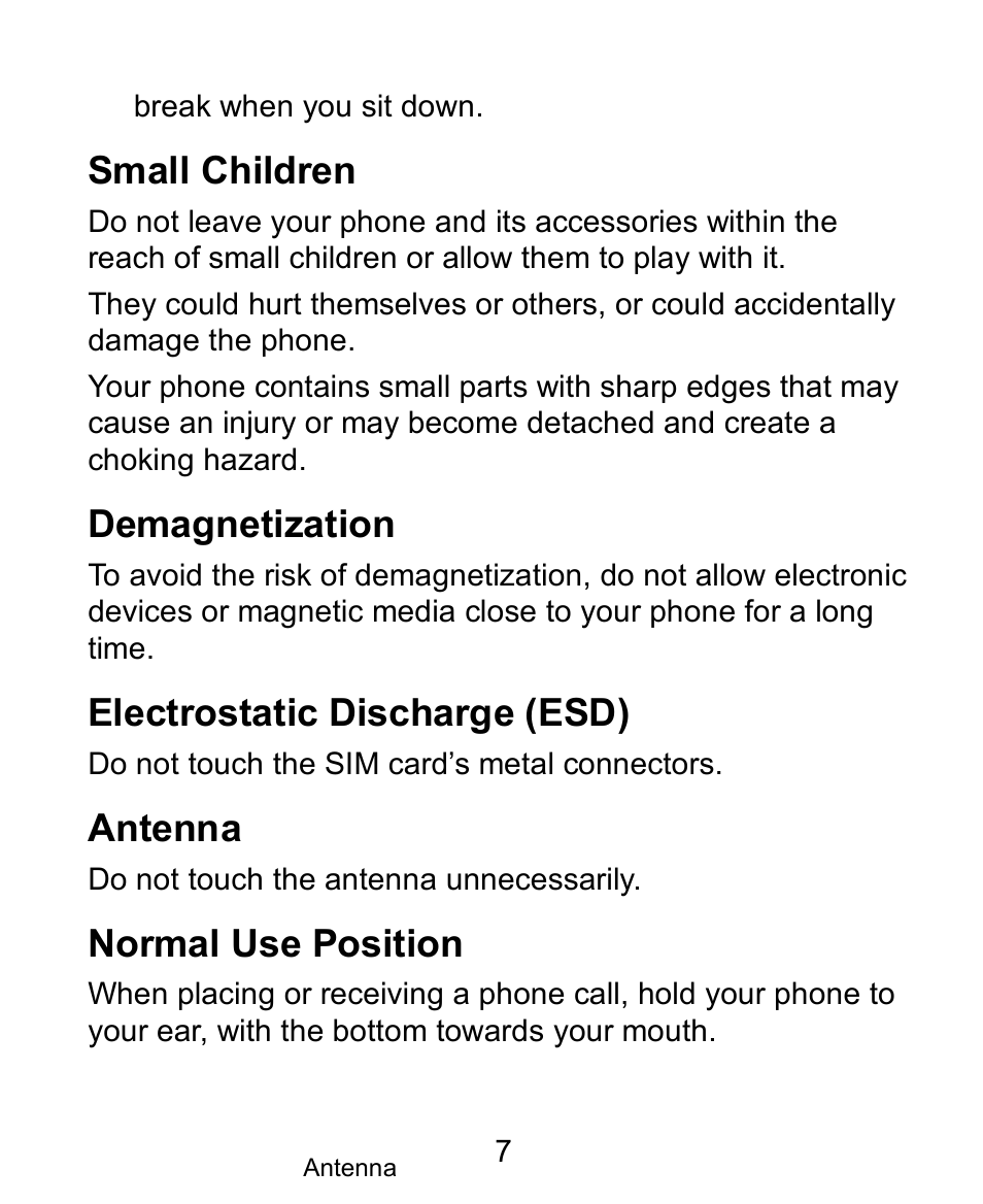 Small children, Demagnetization, Electrostatic discharge (esd) | Antenna, Normal use position | Verykool s758 User Manual | Page 7 / 57