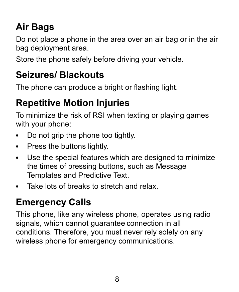 Air bags, Seizures/ blackouts, Repetitive motion injuries | Emergency calls | Verykool s758 User Manual | Page 8 / 57