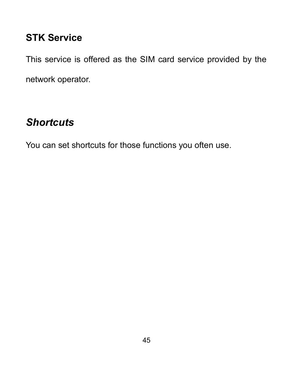 Stk service, Shortcuts | Verykool i604 User Manual | Page 52 / 69