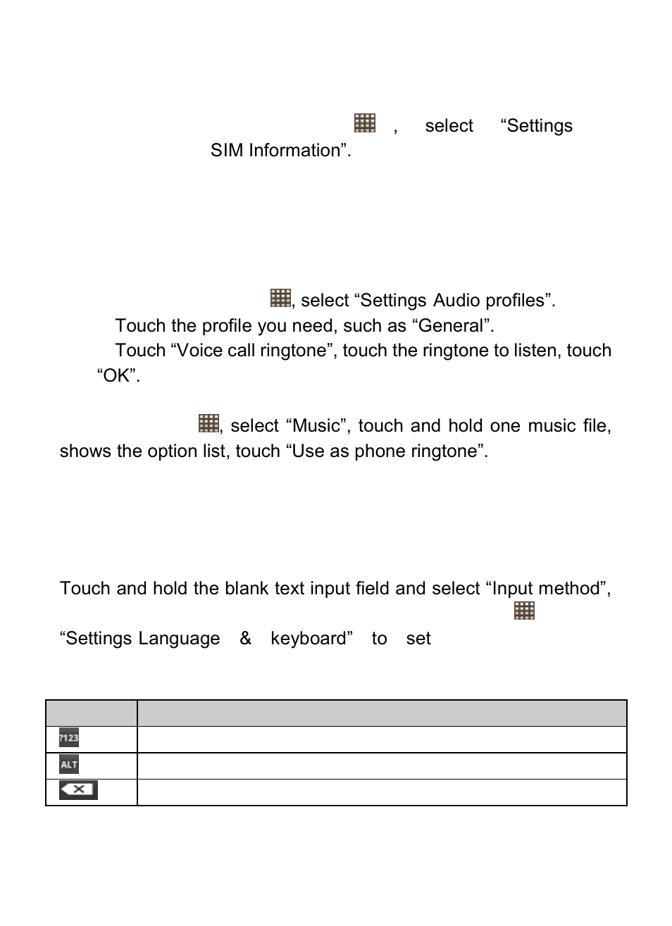 Set sim card information 2.7.4. set your ringtone, Text entry, Key functions for input mode | 3text entry, 1 key functions for input mode | Verykool RS76 User Manual | Page 14 / 43