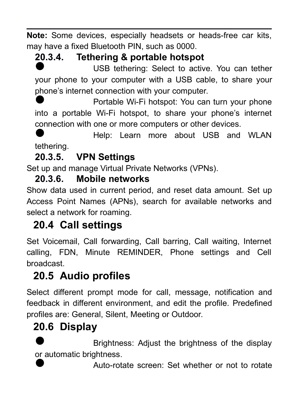 Tethering & portable hotspot, Vpn settings, Mobile networks | 4 call settings, 5 audio profiles, 6 display, Settings, Udio, Profiles, Isplay | Verykool RS75 User Manual | Page 27 / 45