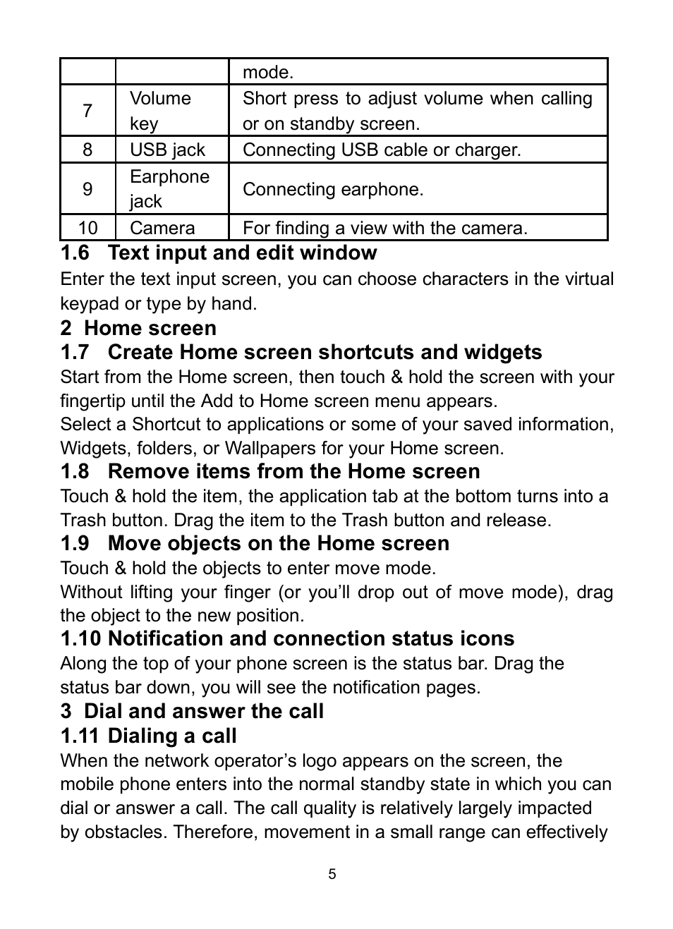 6 text input and edit window, 7 create home screen shortcuts and widgets, 8 remove items from the home screen | 9 move objects on the home screen, 10 notification and connection status icons, 11 dialing a call, Input, Edit, Window, Reate | Verykool s350 User Manual | Page 10 / 28