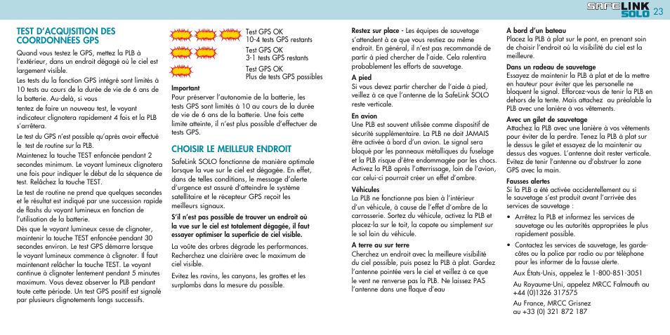 Test d’acquisition des coordonnées gps, Choisir le meilleur endroit | Kannad Marine SOLO PLB User Manual | Page 12 / 26