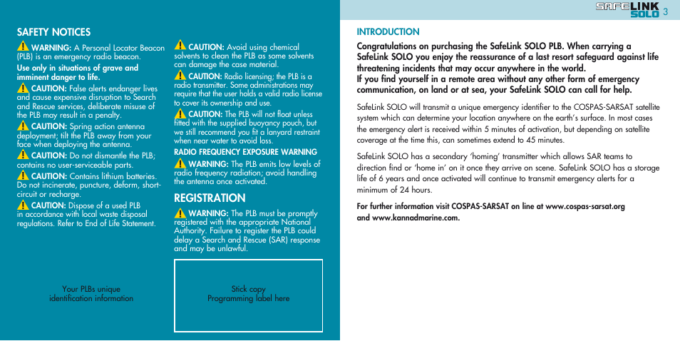 Registration, Safety notices | Kannad Marine SOLO PLB User Manual | Page 2 / 26