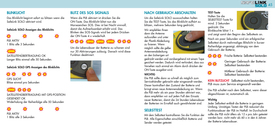 Nach gebrauch abschalten, Selbsttest, Blinklicht | Blitz des sos signals | Kannad Marine SOLO PLB User Manual | Page 23 / 26