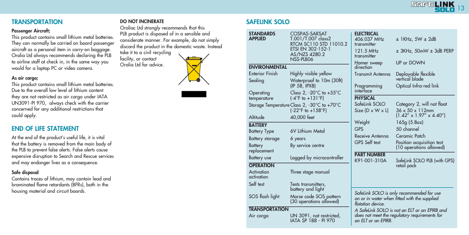 Transportation, End of life statement, Safelink solo 13 | Kannad Marine SOLO PLB User Manual | Page 7 / 26