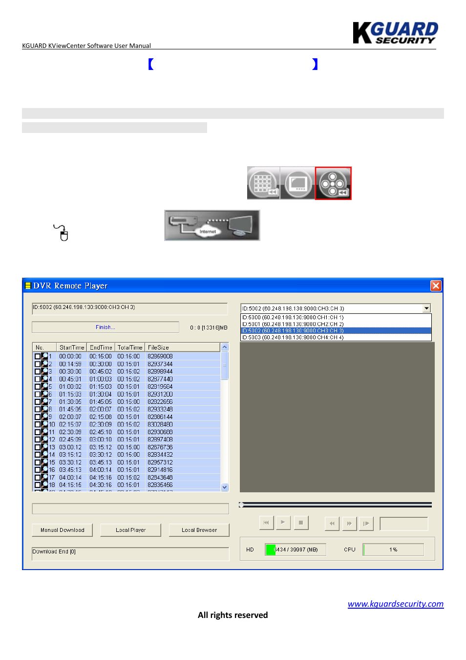 Chapter 4: playback mode, Playback / backup locally for dvr (specified date), Remote playback | KGUARD Security KViewCenter User Manual | Page 24 / 44