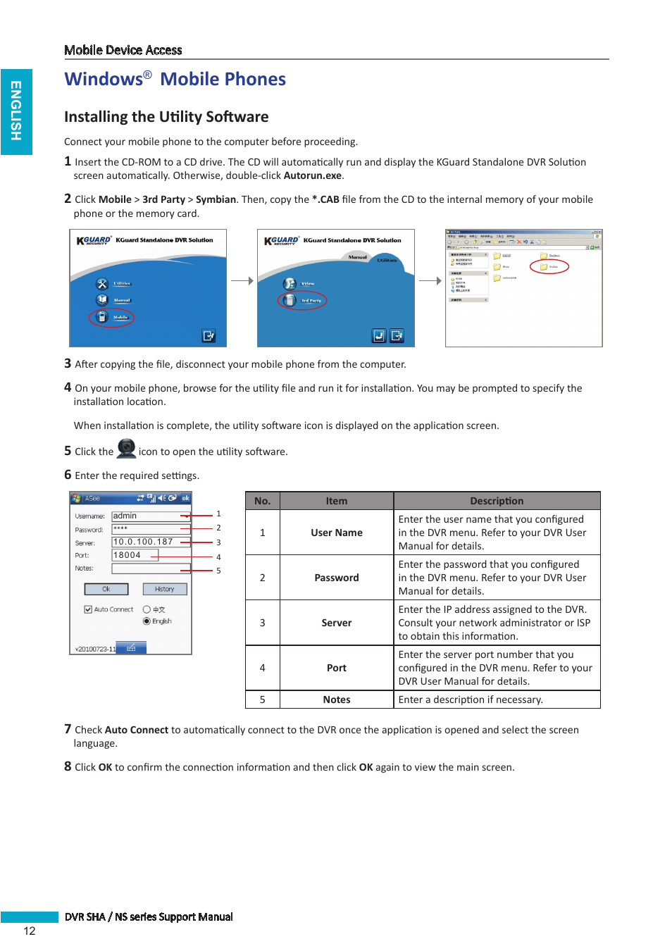 Windows® mobile phones, Windows, Mobile phones | Installing the utility software | KGUARD Security BRseriesDVR(1) User Manual | Page 12 / 21