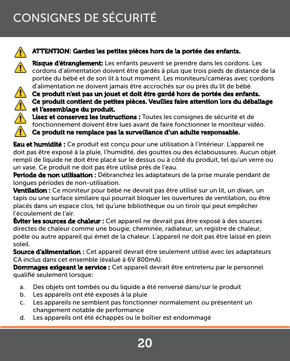 Consignes de sécurité | Levana Lila Manual User Manual | Page 20 / 56