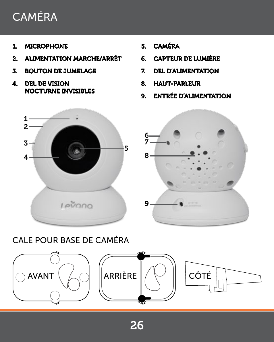 Caméra, Cale pour base de caméra avant arrière côté | Levana Lila Manual User Manual | Page 26 / 56