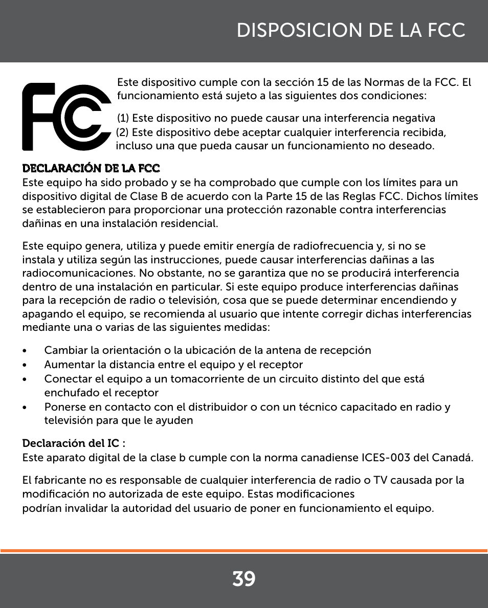 Disposicion de la fcc | Levana Lila Manual User Manual | Page 39 / 56