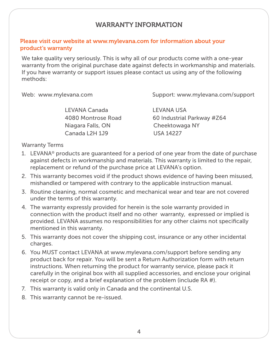 Warranty information | Levana Alix User Manual | Page 4 / 12