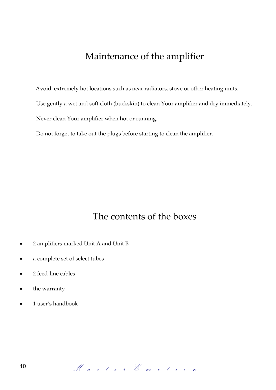 Maintenance of the amplifier, The contents of the boxes | Mastersound Monoblock 300 B Plus User Manual | Page 10 / 12