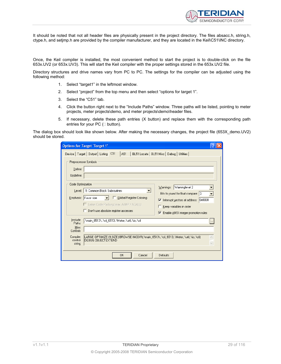 2 adjusting the keil compiler settings, Adjusting the keil compiler settings | Maxim Integrated 71M6534 Energy Meter IC Family Software User Manual | Page 29 / 116