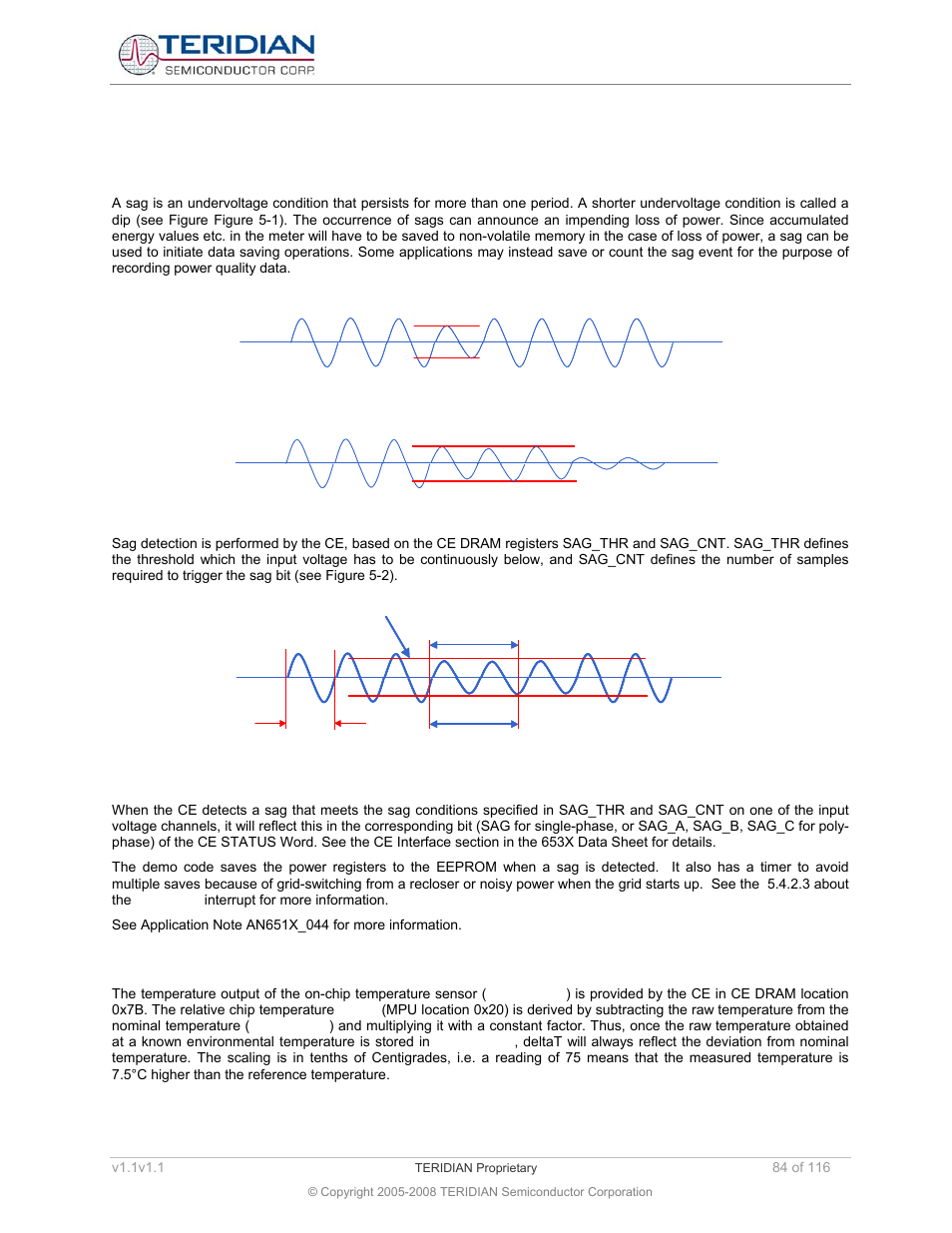 2 firmware application: selected tasks, 1 sag detection, 2 temperature measurement | Firmware application: selected tasks, Sag detection, Temperature measurement, Figure 5-1: sag and dip conditions, Figure 5-2: sag event, Dip sag | Maxim Integrated 71M6534 Energy Meter IC Family Software User Manual | Page 84 / 116