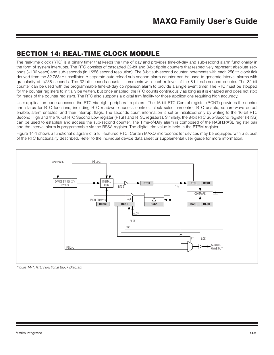 Figure 14-1. rtc functional block diagram -2, Maxq family user’s guide | Maxim Integrated MAXQ Family User Manual | Page 143 / 216