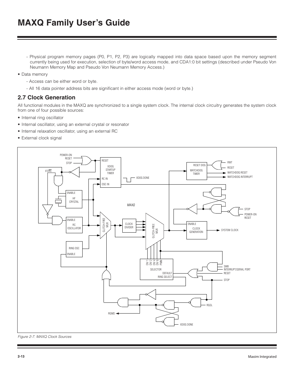 7 clock generation, 7 clock generation -13, Figure 2-7. maxq clock sources -13 | Maxq family user’s guide | Maxim Integrated MAXQ Family User Manual | Page 18 / 216