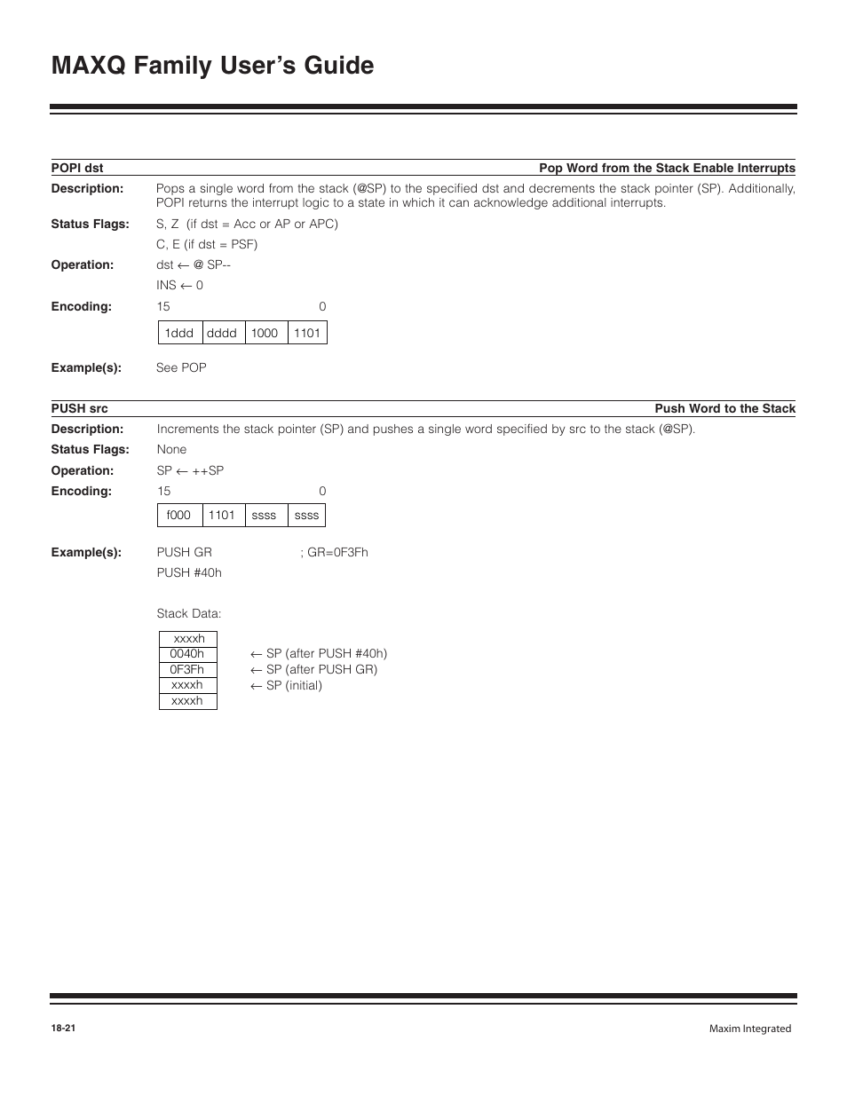 Popi dst, Push src, Popi dst -21 | Push src -21, Maxq family user’s guide | Maxim Integrated MAXQ Family User Manual | Page 198 / 216