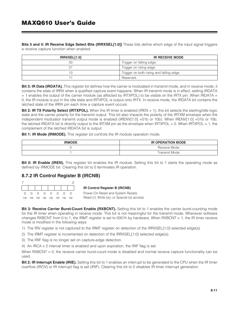 2 ir control register b (ircnb), 8 .7 .2 ir control register b (ircnb) -11, Maxq610 user’s guide | Maxim Integrated MAXQ610 User Manual | Page 124 / 203
