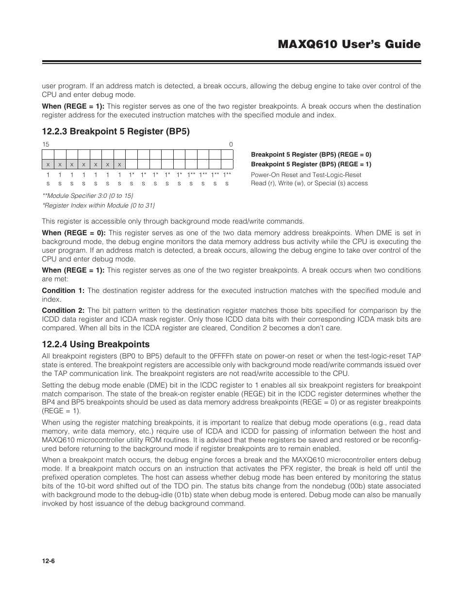 3 breakpoint 5 register (bp5), 4 using breakpoints, Maxq610 user’s guide | Maxim Integrated MAXQ610 User Manual | Page 157 / 203