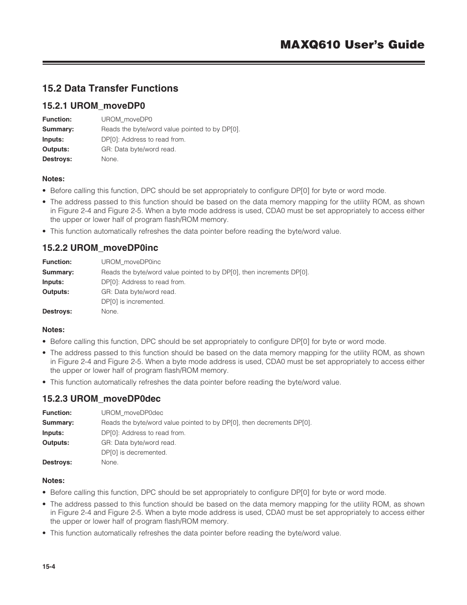 2 data transfer functions, 1 urom_movedp0, 2 urom_movedp0inc | 3 urom_movedp0dec, 15 .2 data transfer functions -4, Maxq610 user’s guide | Maxim Integrated MAXQ610 User Manual | Page 197 / 203