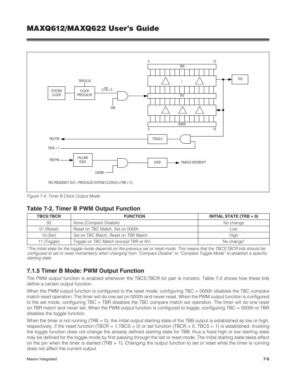 5 timer b mode: pwm output function, 7 .1 .5 timer b mode: pwm output function -5, Table 7-2 . timer b pwm output function -5 | Figure 7-4 . timer b clock output mode -5, Table 7-2. timer b pwm output function | Maxim Integrated MAXQ622 User Manual | Page 119 / 255