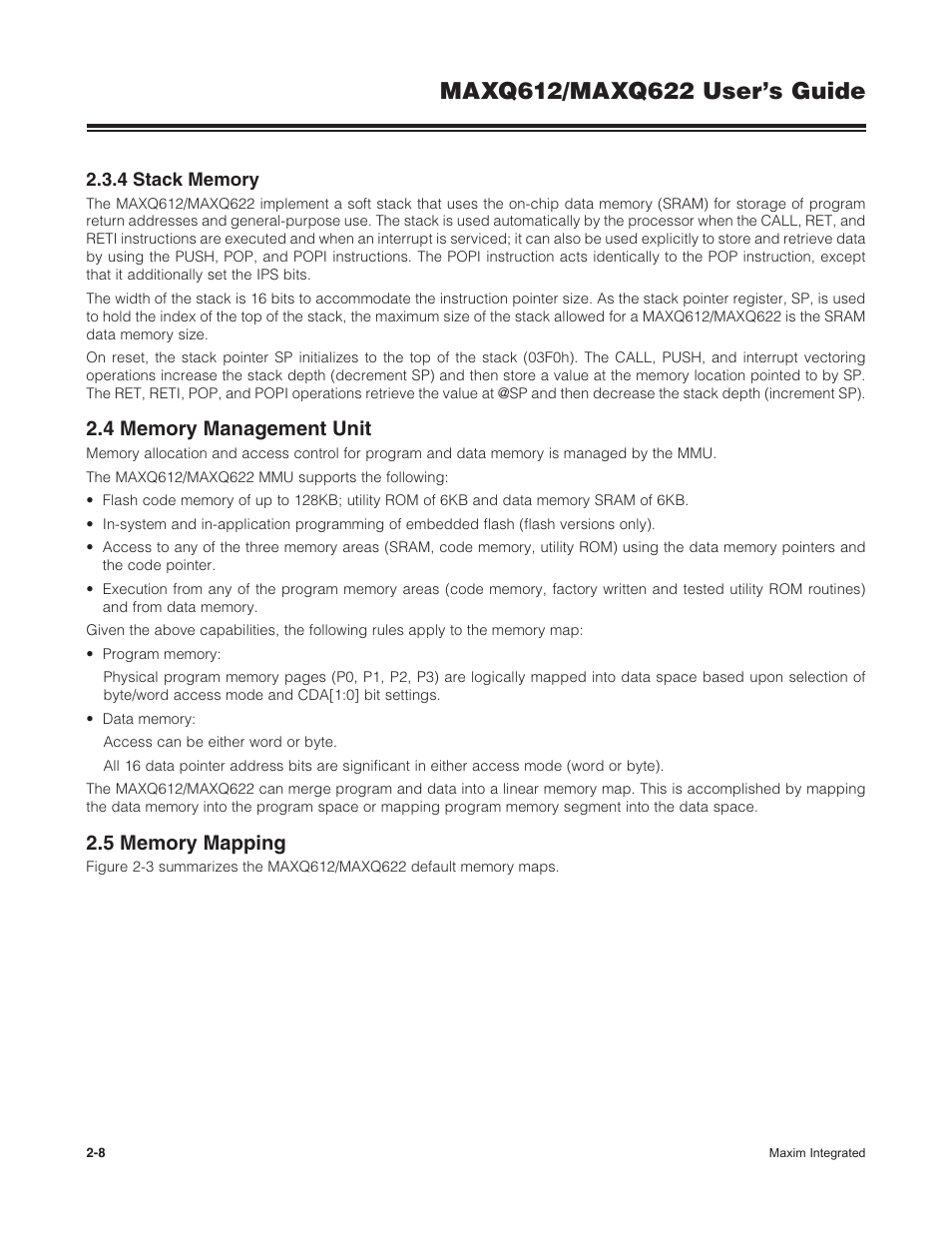 4 stack memory, 4 memory management unit, 5 memory mapping | 2 .3 .4 stack memory -8 | Maxim Integrated MAXQ622 User Manual | Page 12 / 255