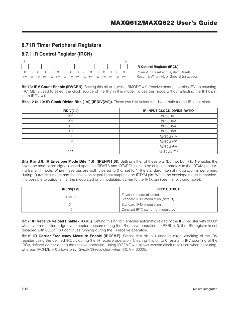 7 ir timer peripheral registers, 1 ir control register (ircn), 8 .7 ir timer peripheral registers -10 | 8 .7 .1 ir control register (ircn) -10 | Maxim Integrated MAXQ622 User Manual | Page 134 / 255