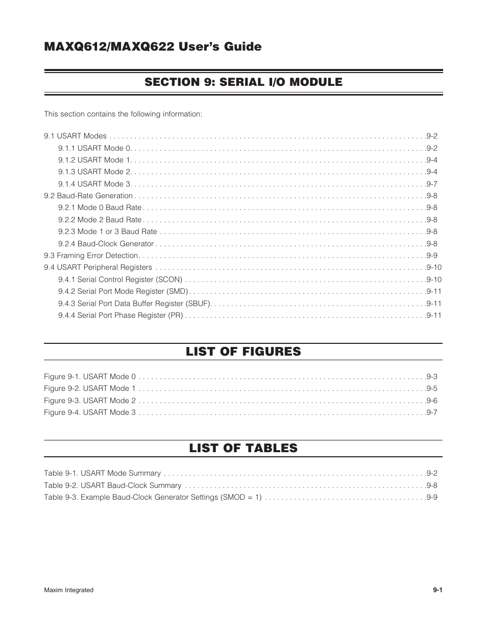 Section 9: serial i/o module, Section 9: serial i/o module -1, List of figures | List of tables | Maxim Integrated MAXQ622 User Manual | Page 137 / 255