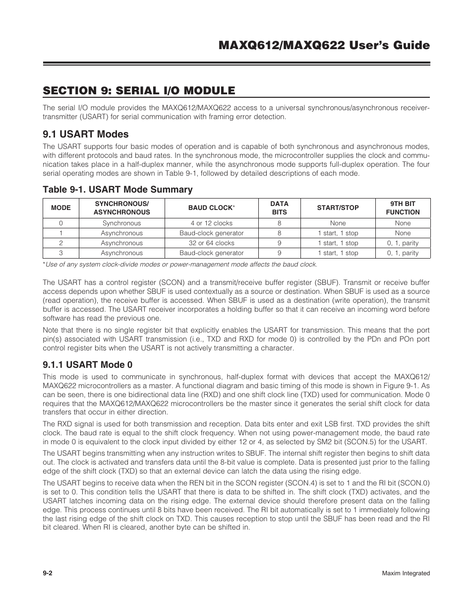 1 usart modes, 1 usart mode 0, 9 .1 usart modes -2 | 9 .1 .1 usart mode 0 -2, Table 9-1 . usart mode summary -2, Table 9-1. usart mode summary | Maxim Integrated MAXQ622 User Manual | Page 138 / 255