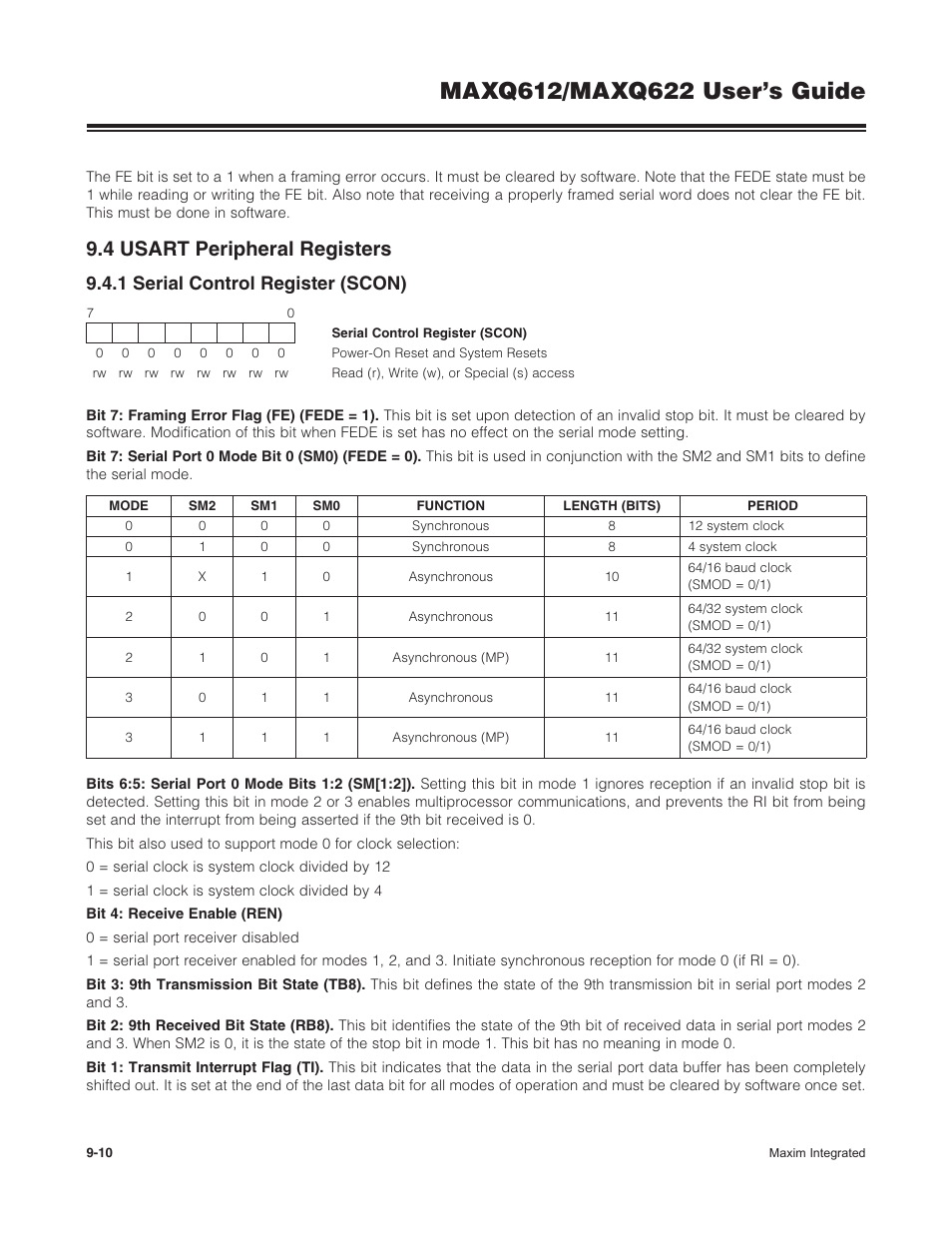 4 usart peripheral registers, 1 serial control register (scon), 9 .4 usart peripheral registers -10 | 9 .4 .1 serial control register (scon) -10 | Maxim Integrated MAXQ622 User Manual | Page 146 / 255
