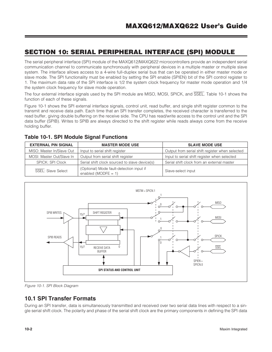1 spi transfer formats, 10 .1 spi transfer formats -2, Figure 10-1 . spi block diagram -2 | Table 10-1 . spi module signal functions -2, Table 10-1. spi module signal functions | Maxim Integrated MAXQ622 User Manual | Page 149 / 255