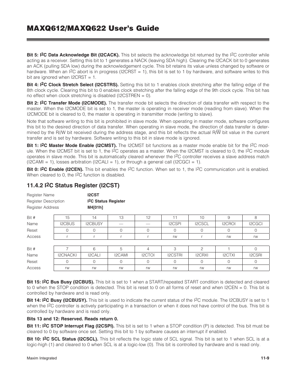 2 i2c status register (i2cst), 11 .4 .2 i, C status register (i2cst) -9 | C status register (i2cst) | Maxim Integrated MAXQ622 User Manual | Page 164 / 255