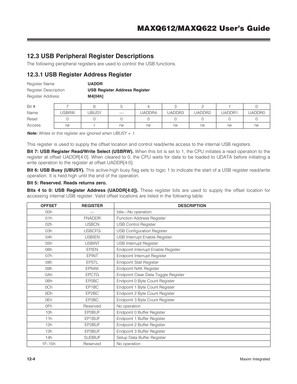 3 usb peripheral register descriptions, 1 usb register address register, 12 .3 usb peripheral register descriptions -4 | 12 .3 .1 usb register address register -4 | Maxim Integrated MAXQ622 User Manual | Page 174 / 255