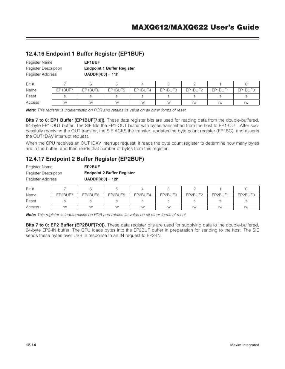 16 endpoint 1 buffer register (ep1buf), 17 endpoint 2 buffer register (ep2buf) | Maxim Integrated MAXQ622 User Manual | Page 184 / 255