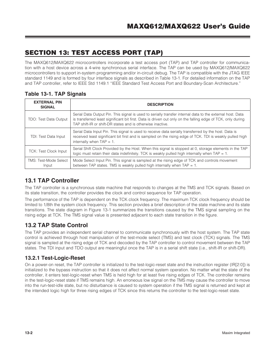 1 tap controller, 2 tap state control, 1 test-logic-reset | 13 .1 tap controller -2 13 .2 tap state control -2, 13 .2 .1 test-logic-reset -2, Table 13-1 . tap signals -2 | Maxim Integrated MAXQ622 User Manual | Page 189 / 255