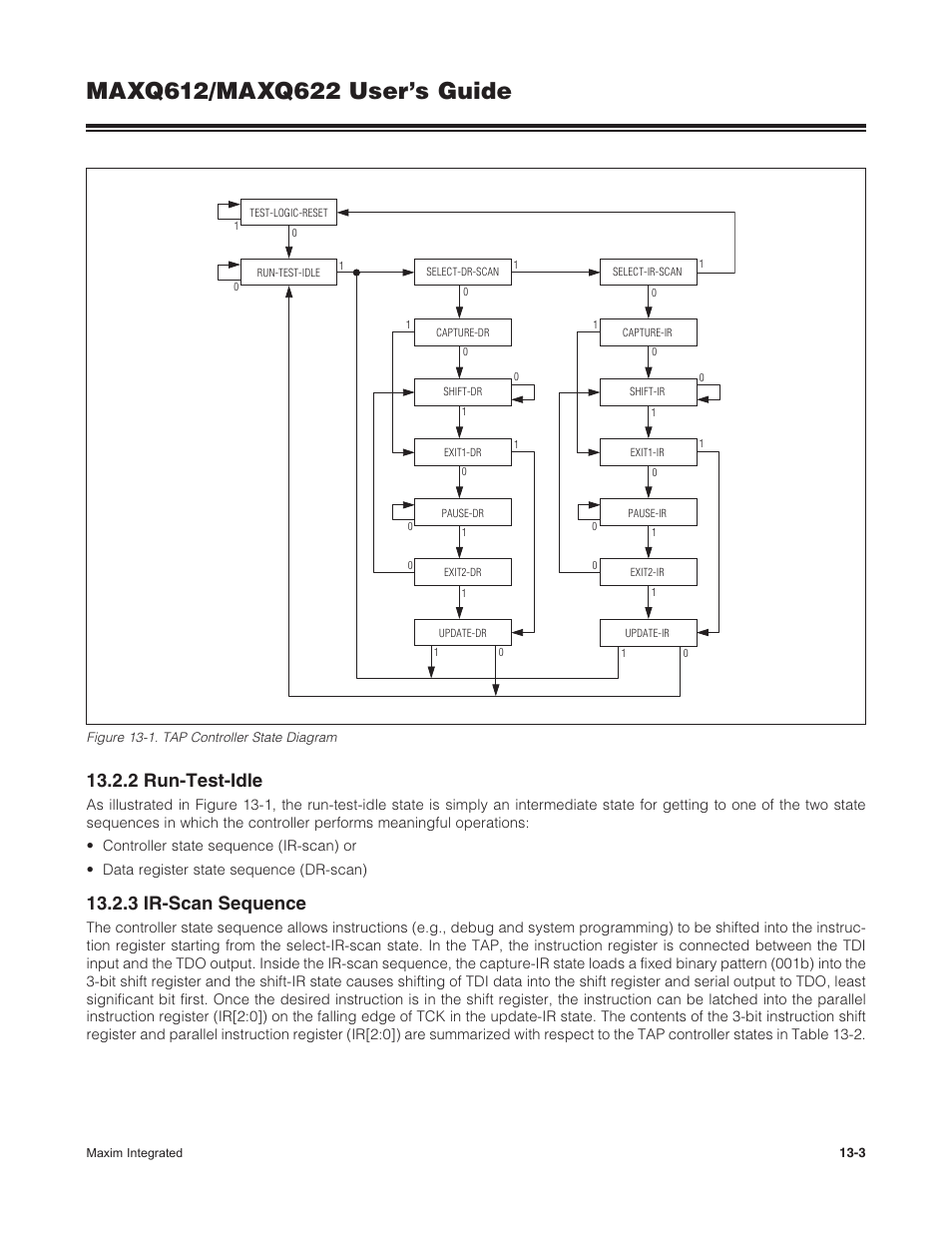 2 run-test-idle, 3 ir-scan sequence, Figure 13-1 . tap controller state diagram -3 | Maxim Integrated MAXQ622 User Manual | Page 190 / 255