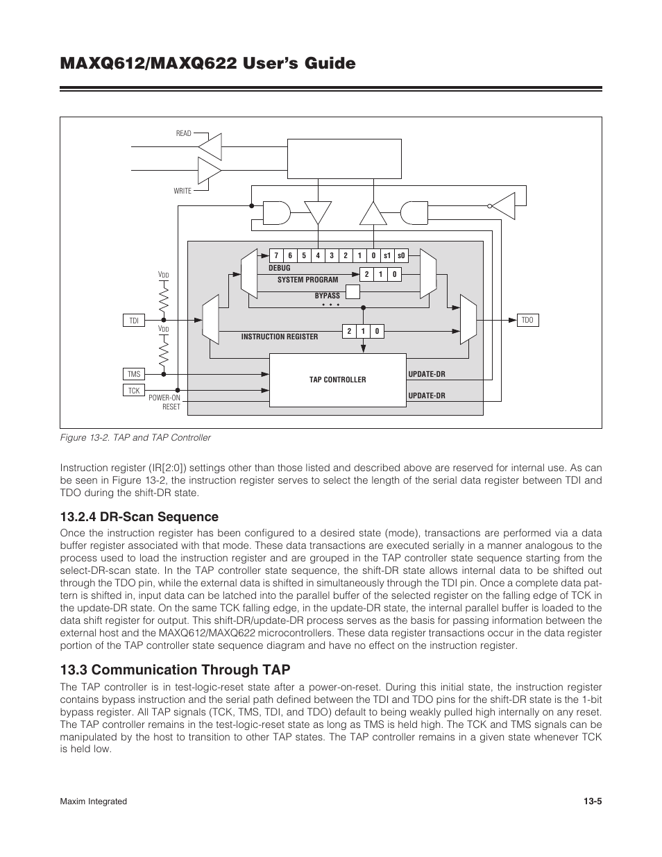 4 dr-scan sequence, 3 communication through tap, 13 .2 .4 dr-scan sequence -5 | 13 .3 communication through tap -5, Figure 13-2 . tap and tap controller -5 | Maxim Integrated MAXQ622 User Manual | Page 192 / 255