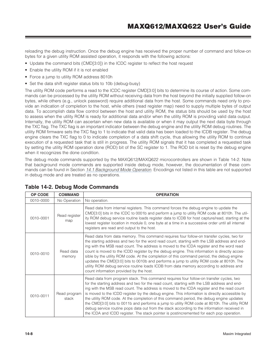 Table 14-2 . debug mode commands -8, Table 14-2. debug mode commands | Maxim Integrated MAXQ622 User Manual | Page 202 / 255
