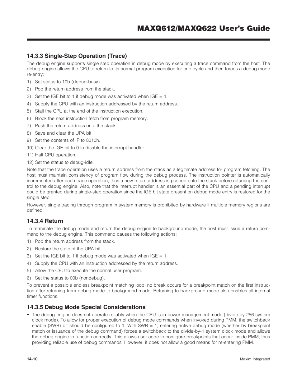 3 single-step operation (trace), 4 return, 5 debug mode special considerations | Maxim Integrated MAXQ622 User Manual | Page 204 / 255