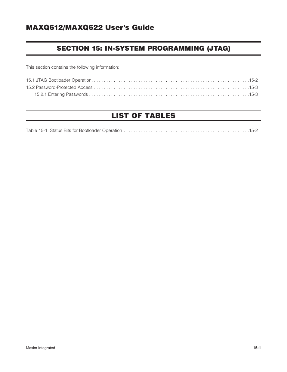 Section 15: in-system programming (jtag), Section 15: in-system programming (jtag) -1, List of tables | Maxim Integrated MAXQ622 User Manual | Page 208 / 255