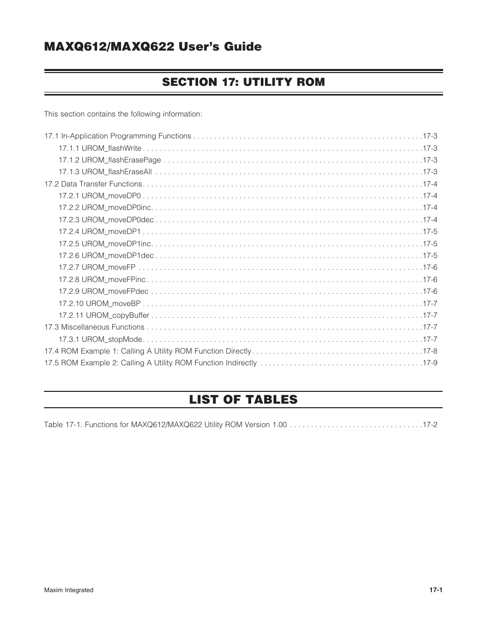 Section 17: utility rom, Section 17: utility rom -1, List of tables | Maxim Integrated MAXQ622 User Manual | Page 237 / 255