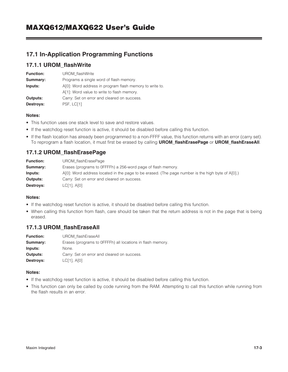 1 in-application programming functions, 1 urom_flashwrite, 3 urom_flasheraseall | 17 .1 in-application programming functions -3, 2 urom_flasherasepage | Maxim Integrated MAXQ622 User Manual | Page 239 / 255