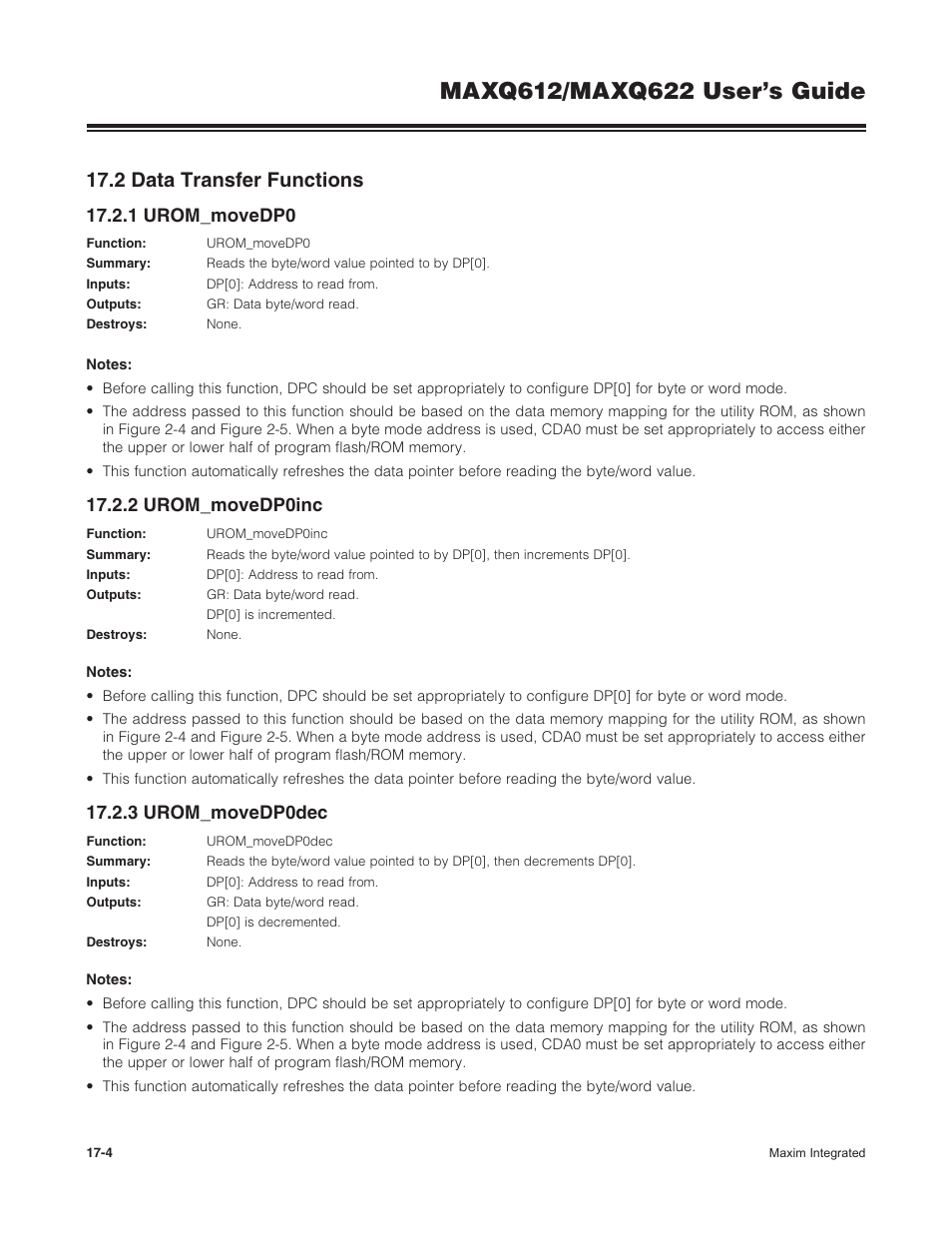 2 data transfer functions, 1 urom_movedp0, 2 urom_movedp0inc | 3 urom_movedp0dec, 17 .2 data transfer functions -4 | Maxim Integrated MAXQ622 User Manual | Page 240 / 255