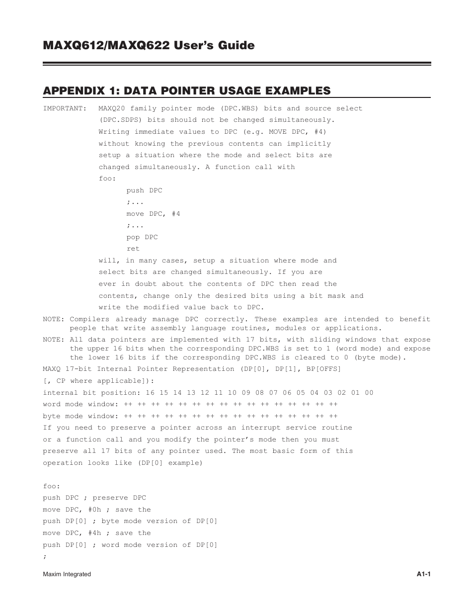 Appendix 1: data pointer usage examples | Maxim Integrated MAXQ622 User Manual | Page 246 / 255