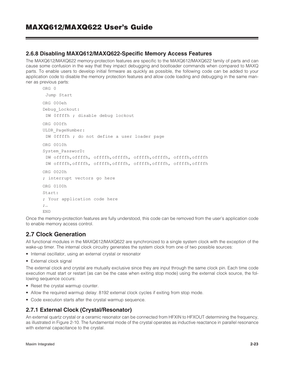 7 clock generation, 1 external clock (crystal/resonator), 2 .7 clock generation -23 | 2 .7 .1 external clock (crystal/resonator) -23 | Maxim Integrated MAXQ622 User Manual | Page 27 / 255