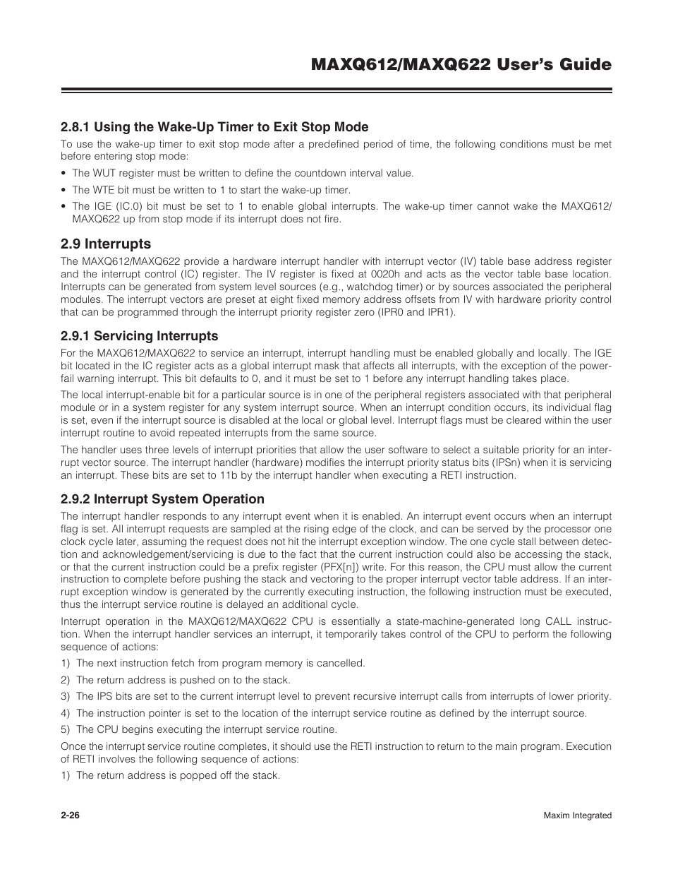 1 using the wake-up timer to exit stop mode, 9 interrupts, 1 servicing interrupts | 2 interrupt system operation, 2 .9 interrupts -26 | Maxim Integrated MAXQ622 User Manual | Page 30 / 255