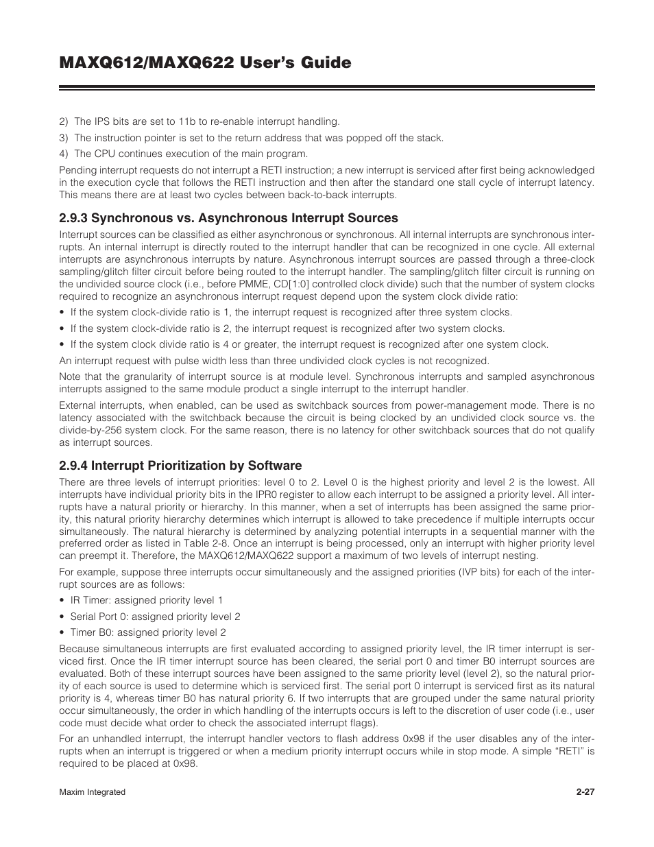 3 synchronous vs. asynchronous interrupt sources, 4 interrupt prioritization by software | Maxim Integrated MAXQ622 User Manual | Page 31 / 255