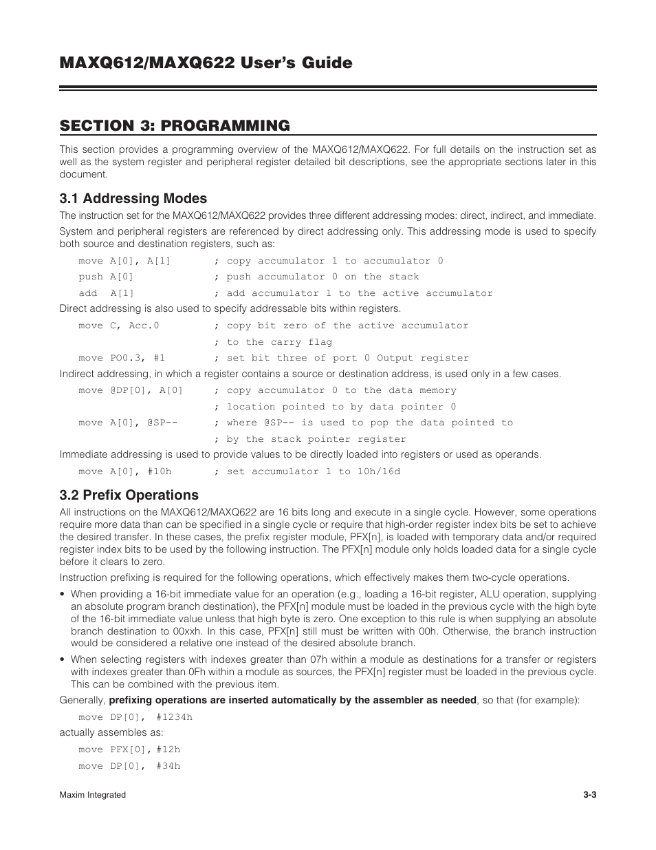 1 addressing modes, 2 prefix operations, 3 .1 addressing modes -3 3 .2 prefix operations -3 | Maxim Integrated MAXQ622 User Manual | Page 39 / 255