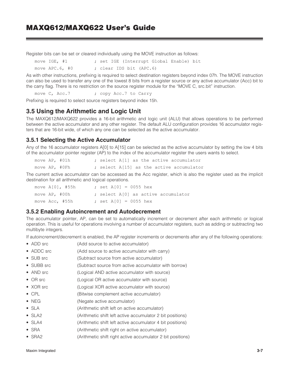 5 using the arithmetic and logic unit, 1 selecting the active accumulator, 2 enabling autoincrement and autodecrement | 3 .5 using the arithmetic and logic unit -7 | Maxim Integrated MAXQ622 User Manual | Page 43 / 255
